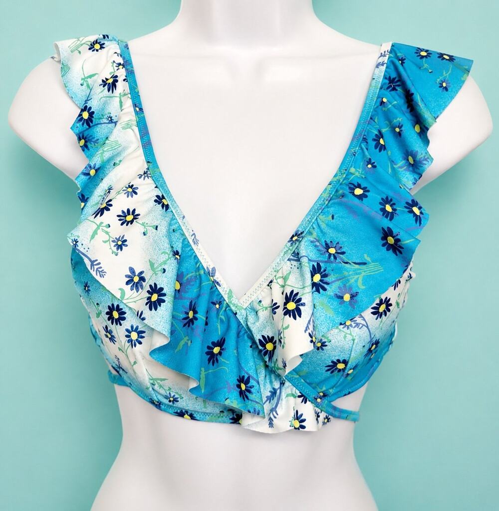 NWT Aerie Abstract Blue Daisy Floral Top Swimwear Size L
